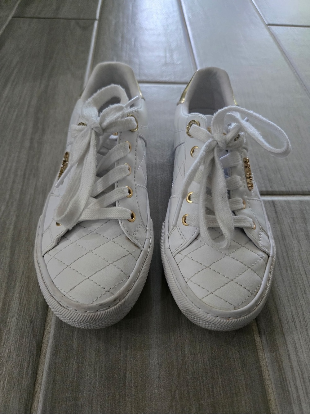 Love White Quilted Sneakers with Gold Accents